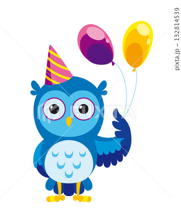 The owl in a party hat is joyfully holding two bright balloons 132814539