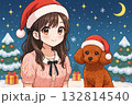 サンタ帽の女の子とトイプードル/クリスマスの夜に微笑むアニメ風イラスト サンタ帽の女の子とトイプードル/クリスマスの夜に微笑むアニメ風イラスト 132814540