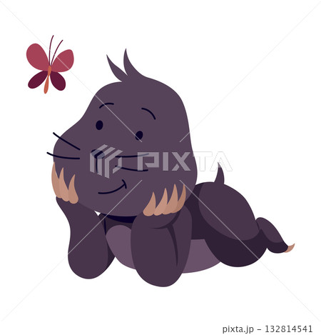Vector cartoon mole with a butterfly. Cute illustration of funny animal for children design 132814541