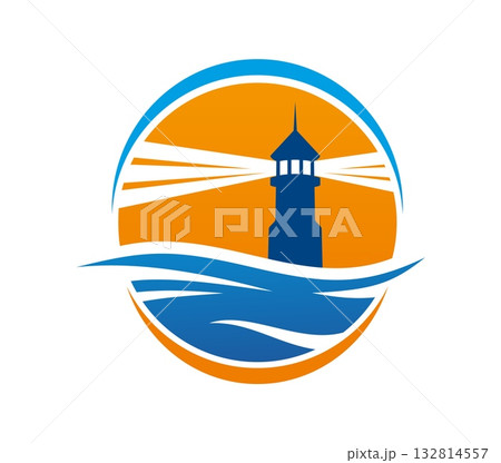 Lighthouse icon of marine beacon with sea or ocean waves in silhouette, vector emblem. Lighthouse icon of beacon light beams for ship navigation or nautical compass and harbour marine signal tower Lighthouse icon of marine beacon with sea or ocean waves in silhouette, vector emblem. Lighthouse icon of beacon light beams for ship navigation or nautical compass and harbour marine signal tower 132814557
