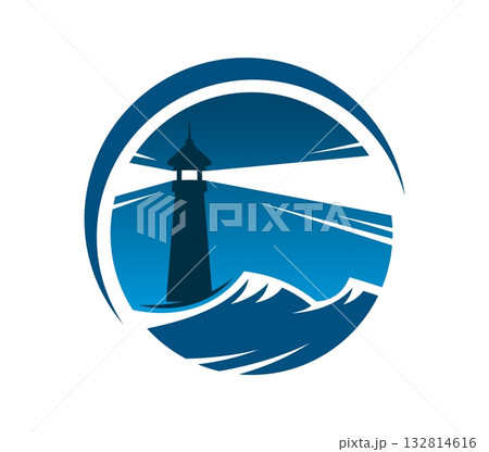 Marine travel navigation lighthouse and beacon. Sea sailing lighthouse vector sign, nautical navigation lantern searchlight icon. Marine travel symbol with lighthouse on night shore, storm waves 132814616