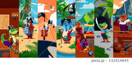 Caribbean animal pirate cartoon characters. Vector collage with crocodile, walrus, monkey, hippo, rhino and dragon buccaneers on ship, beach and island holding swords, treasure, cannons, maps, flags Caribbean animal pirate cartoon characters. Vector collage with crocodile, walrus, monkey, hippo, rhino and dragon buccaneers on ship, beach and island holding swords, treasure, cannons, maps, flags 132814645