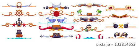 Marine and nautical dividers, pirate and corsair border frame, piracy decorations set for games featuring swords, skulls, cannons, anchors, ships, treasure, bombs, maps, tentacles and tropical islands 132814652