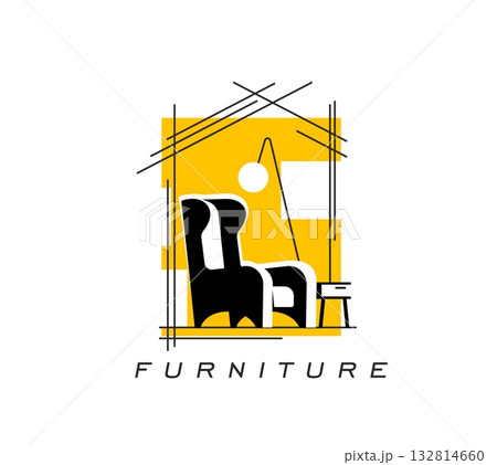 Home interior furniture store icon or sign. Home furniture shop vector emblem, office or hotel interior design company sign. House room design icon with armchair silhouette, lamp and yellow background 132814660