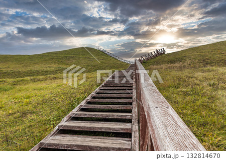 Wooden stairs across rolling green hills 132814670