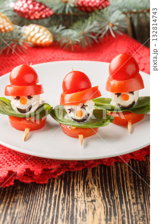 New Year's food made of cheese, mozzarella and basil on skewers, in the shape of snowmen, close-up on a plate. Vertical New Year's food made of cheese, mozzarella and basil on skewers, in the shape of snowmen, close-up on a plate. Vertical 132814743
