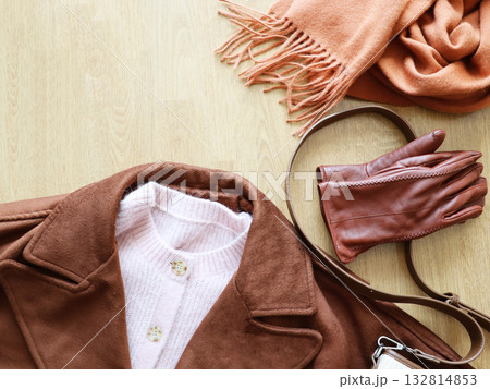 Spring autumn female outfit. Set of clothes, accessories . Camel coat , clothes, bag Spring autumn female outfit. Set of clothes, accessories . Camel coat , clothes, bag 132814853