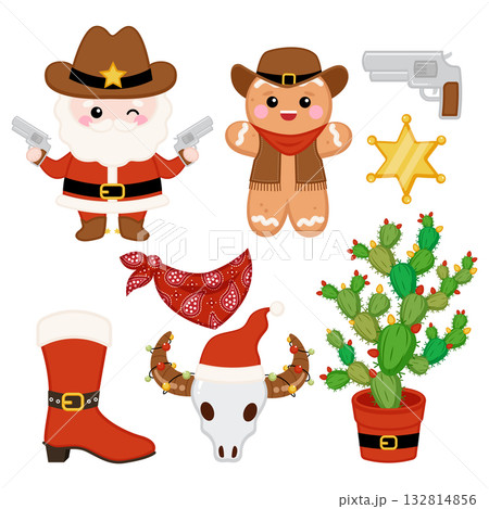 Cute Western Santa and cowboy Gingerbread man clipart 132814856