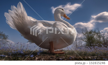 青空の下の白いアヒル:ローアングルで捉えた純粋な姿 青空の下の白いアヒル:ローアングルで捉えた純粋な姿 132815246