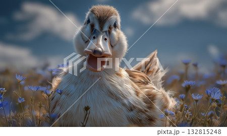 好奇心旺盛な子アヒル：大きな口とこちらを見つめる目 132815248