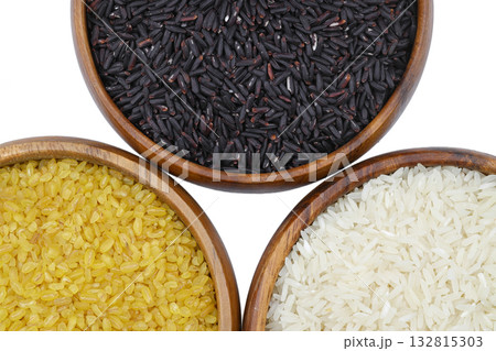 Different sorts of rice on isolated white background, flat lay. Space for text 132815303