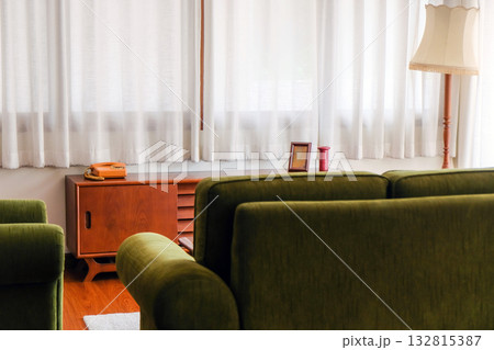 Interior of a modern living room with a green sofa and a coffee table 132815387
