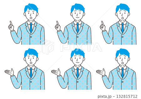 スーツ姿の男性ビジネスマンが様々な表情とジェスチャーをしているイラスト スーツ姿の男性ビジネスマンが様々な表情とジェスチャーをしているイラスト 132815712