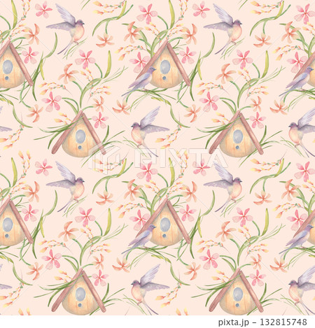 Gentle spring floral seamless pattern with birds and birdhouse in peach and pink watercolor. Hand drawn wildflowers and swallows. Seasonal summer repeat for nursery art prints and textile designs. Gentle spring floral seamless pattern with birds and birdhouse in peach and pink watercolor. Hand drawn wildflowers and swallows. Seasonal summer repeat for nursery art prints and textile designs. 132815748