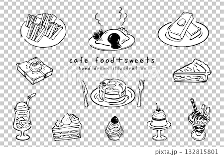Cafe food and sweets hand-drawn illustration set 132815801