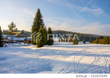 Snow blankets the Orle Settlement in the Jizera Mountains, Poland. The scene showcases quaint buildings nestled among evergreen trees under a clear winter sky. 132815840