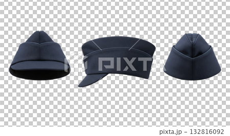 Dark blue military garrison cap or forage cap in three views for army or navy officer uniform 132816092