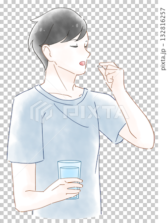 水彩插畫,描繪了一位男士正在服用營養補充劑。 水彩插畫,描繪了一位男士正在服用營養補充劑。 132816257