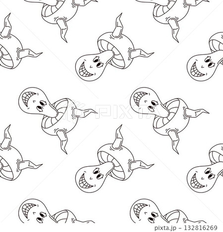 Seamless pattern with groovy devil mushroom with smiling face and horns on white background in groovy line art style. Seamless pattern with groovy devil mushroom with smiling face and horns on white background in groovy line art style. 132816269