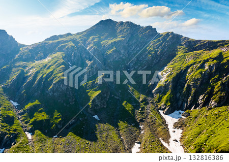 romania mountain landscape in summer. fagaras ridge on a sunny day under blue sky with clouds. alpine scenery with rocky peaks and steep slopes. horizontal travel background of scenic place for hiking 132816386