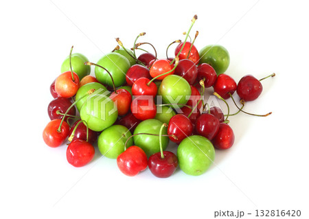 Single whole fresh green Can Erik plum and cherry close up isolated on white background. 132816420