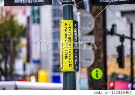 日本の東京都市景観「ダメ！悪質なスカウトや客引き」「しつこい勧誘やつきまといにあったらすぐに110」 132816464