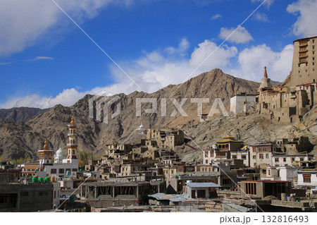 Jama Masjid Mosque, houses and part of the old kings palace in Leh, India. 132816493