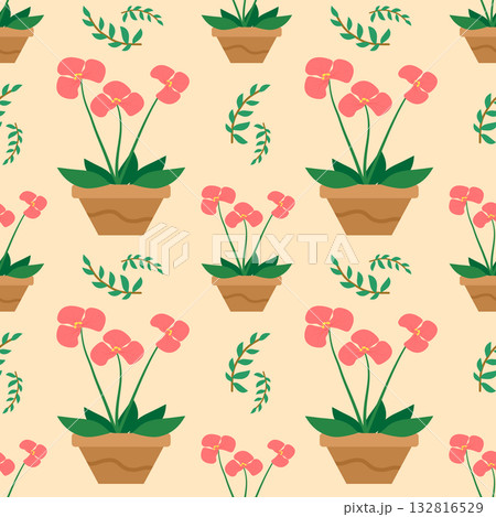 Seamless Pattern of Pink Potted Flowers and Green Sprigs on Light Peach Background Seamless Pattern of Pink Potted Flowers and Green Sprigs on Light Peach Background 132816529