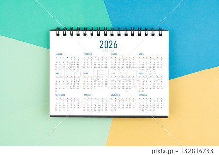 2026 yearly desk calendar on colorful background, Flat lay. 2026 yearly desk calendar on colorful background, Flat lay. 132816733