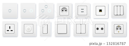 Realistic socket and switch. Interior wall outlets or electric connectors. Switches and sockets set Different square types. Vector Realistic socket and switch. Interior wall outlets or electric connectors. Switches and sockets set Different square types. Vector 132816787