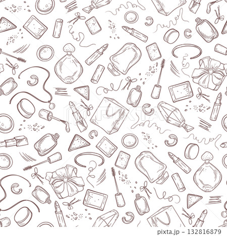 Makeup products black white vector seamless pattern. Hand drawn repeat background with perfumes and beauty items in line art. Monochrome repeat beauty blog background. Womens day seamless design. Makeup products black white vector seamless pattern. Hand drawn repeat background with perfumes and beauty items in line art. Monochrome repeat beauty blog background. Womens day seamless design. 132816879