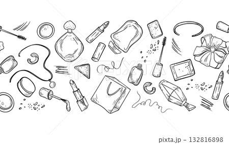 Seamless vector border of perfume flacons, makeup items and scribbles. Hand drawn black white design for fashion magazines, gift wrap and beauty blog graphics. Monochrome girls items repeat pattern. 132816898