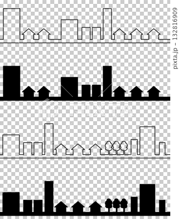 一組簡潔現代的城市景觀剪影和建築房屋線條畫,主題圍繞著環境、房地產和城市發展。 一組簡潔現代的城市景觀剪影和建築房屋線條畫,主題圍繞著環境、房地產和城市發展。 132816909