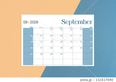 September 2026 calendar page on yellow and blue color background. 132817040