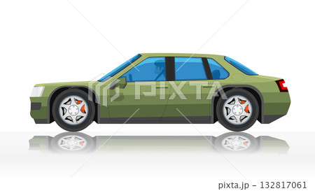 Concept vector illustration of detailed side of a flat green sedan car. with shadow of car on reflected from the ground below. can view interior of car with driver man. Concept vector illustration of detailed side of a flat green sedan car. with shadow of car on reflected from the ground below. can view interior of car with driver man. 132817061