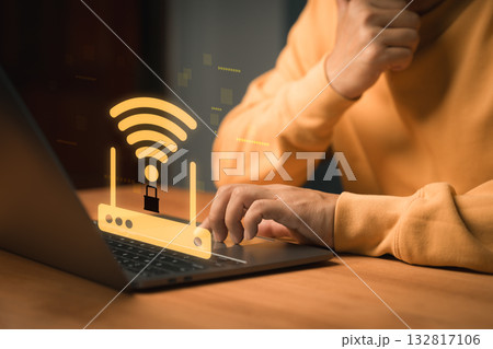 Cybersecurity and WiFi protection concept. WiFi router with a lock symbol appears above a laptop, representing secure internet connection, online privacy, network protection and safe browsing. Cybersecurity and WiFi protection concept. WiFi router with a lock symbol appears above a laptop, representing secure internet connection, online privacy, network protection and safe browsing. 132817106