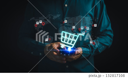 Digital shopping cart icon with global map and network connection, symbolizing e-commerce, online retail, worldwide business, shopping online, internet marketing and global digital trade concept. 132817108