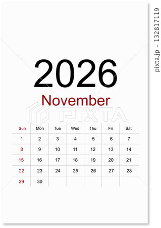 Calendar November 2026 flat style isolated on white background, Save clipping path. 132817119