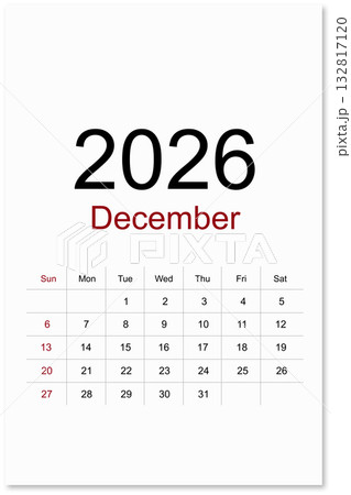Calendar December 2026 flat style isolated on white background, Save clipping path. Calendar December 2026 flat style isolated on white background, Save clipping path. 132817120