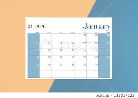 January 2026 calendar page on yellow and blue color background. January 2026 calendar page on yellow and blue color background. 132817122