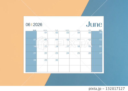 June 2026 calendar page on yellow and blue color background. June 2026 calendar page on yellow and blue color background. 132817127