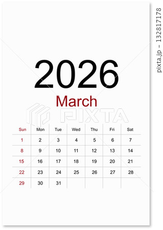 Calendar March 2026 flat style isolated on white background, Save clipping path. 132817178