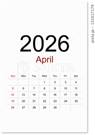 Calendar April 2026 flat style isolated on white background, Save clipping path. Calendar April 2026 flat style isolated on white background, Save clipping path. 132817179