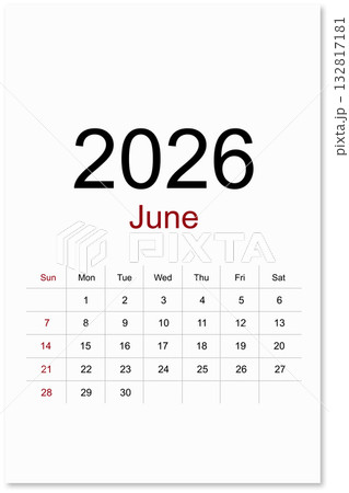 Calendar June 2026 flat style isolated on white background, Save clipping path. 132817181