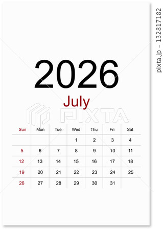 Calendar July 2026 flat style isolated on white background, Save clipping path. 132817182