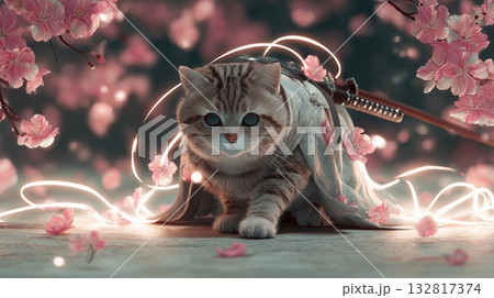 Samurai Cat Under Blooming Sakura 132817374