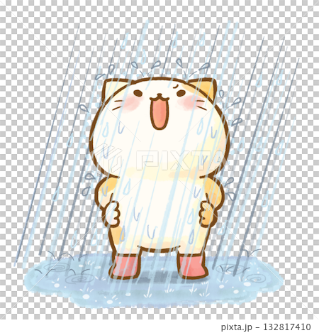 雨を楽しむ猫の水彩イラスト（前向きな気持ち） 132817410