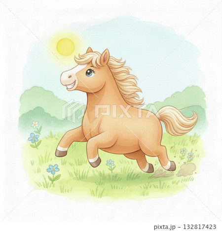 水彩風 虹色のたてがみと花冠をつけた可愛いポニー/ユニコーンが野原に立つイラスト 132817423