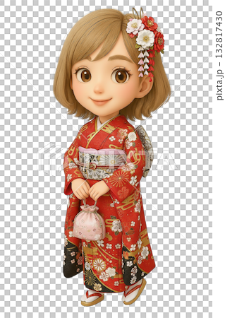巾着バッグを持って歩く赤い振袖姿の3Dちびキャラ女性 巾着バッグを持って歩く赤い振袖姿の3Dちびキャラ女性 132817430