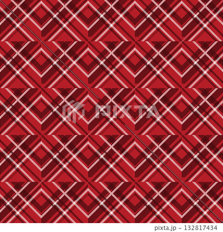 赤を基調とした菱形とストライプの立体的な幾何学チェックパターン背景 赤を基調とした菱形とストライプの立体的な幾何学チェックパターン背景 132817434